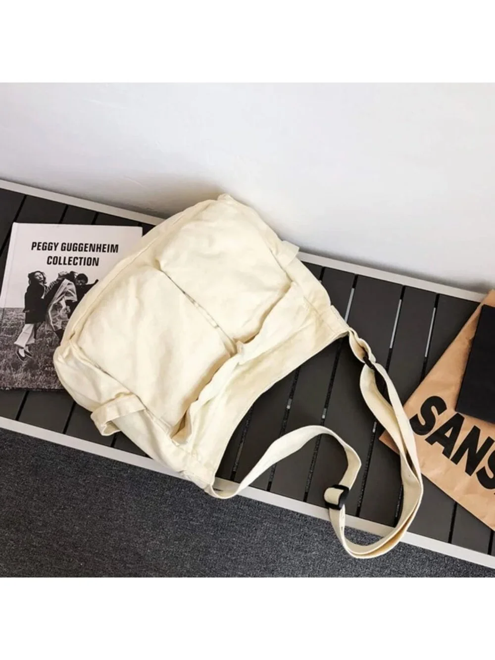 Women's White Travel Canvas Zipper Crossbody Shoulder Laptop Bag